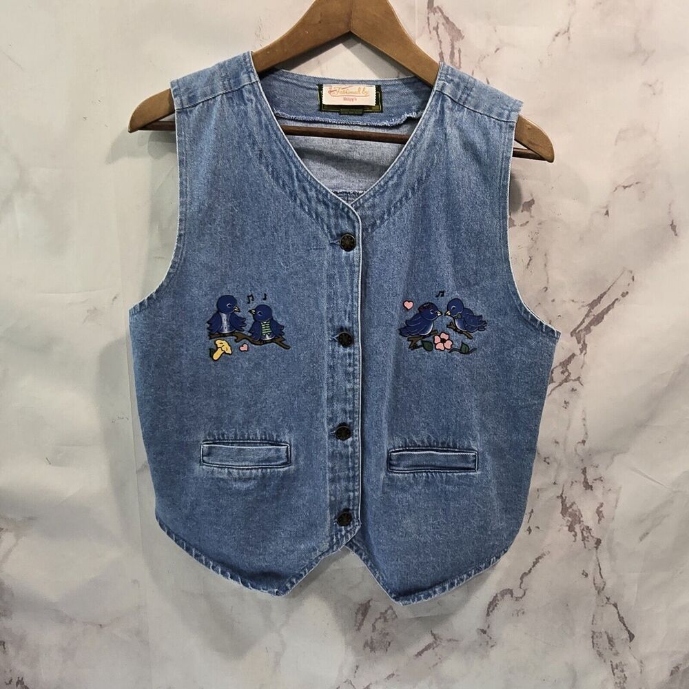 Vintage Vest Womens Medium Denim Jean Bird Mushroom Music Flower Button 90s